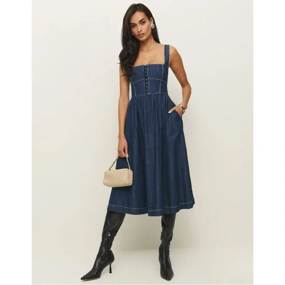 Reformation Jeans Tagliatelle Dark Wash Blue Denim Midi Dress sz 6 - Picture 12 of 15